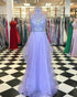 Popular Purple Prom Dresses with Halter Neckline Beaded Long Prom Gowns 2018 Shinny Style